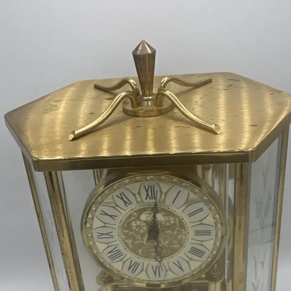 Gold Tone Anniversary Torsion Mantel Clock, Glass Dome, Roman Dial, Pendulum